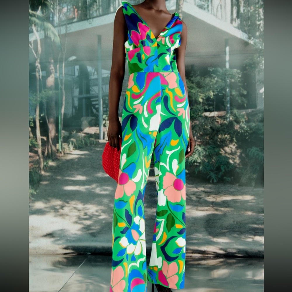 NWT Zara Printed Jumpsuit With Knotted Straps